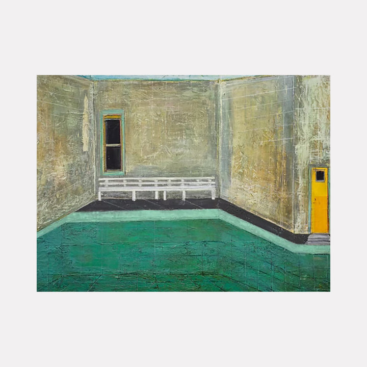 The artwork 'CLOSING IN' by Dobee Snowber depicts an empty interior room with weathered beige walls, a striking emerald green floor, and minimalist features. A solitary white bench spans one wall, while two doors - one turquoise-framed window and one yellow door - punctuate the sparse space, creating a contemplative architectural study in mixed media on board.