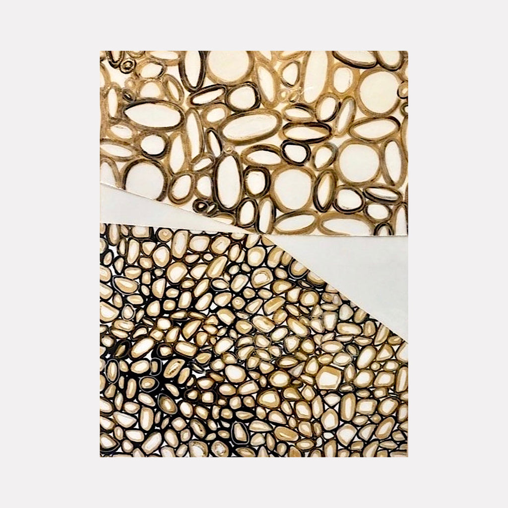 The artwork 'Connection' by Nicole Hitchcock features an abstract collage composition with organic cellular patterns in warm sepia and ivory tones. Two distinct sections divided by a diagonal line showcase contrasting textures - larger oval shapes above and smaller, densely packed pebble-like forms below, all sealed in glossy resin.