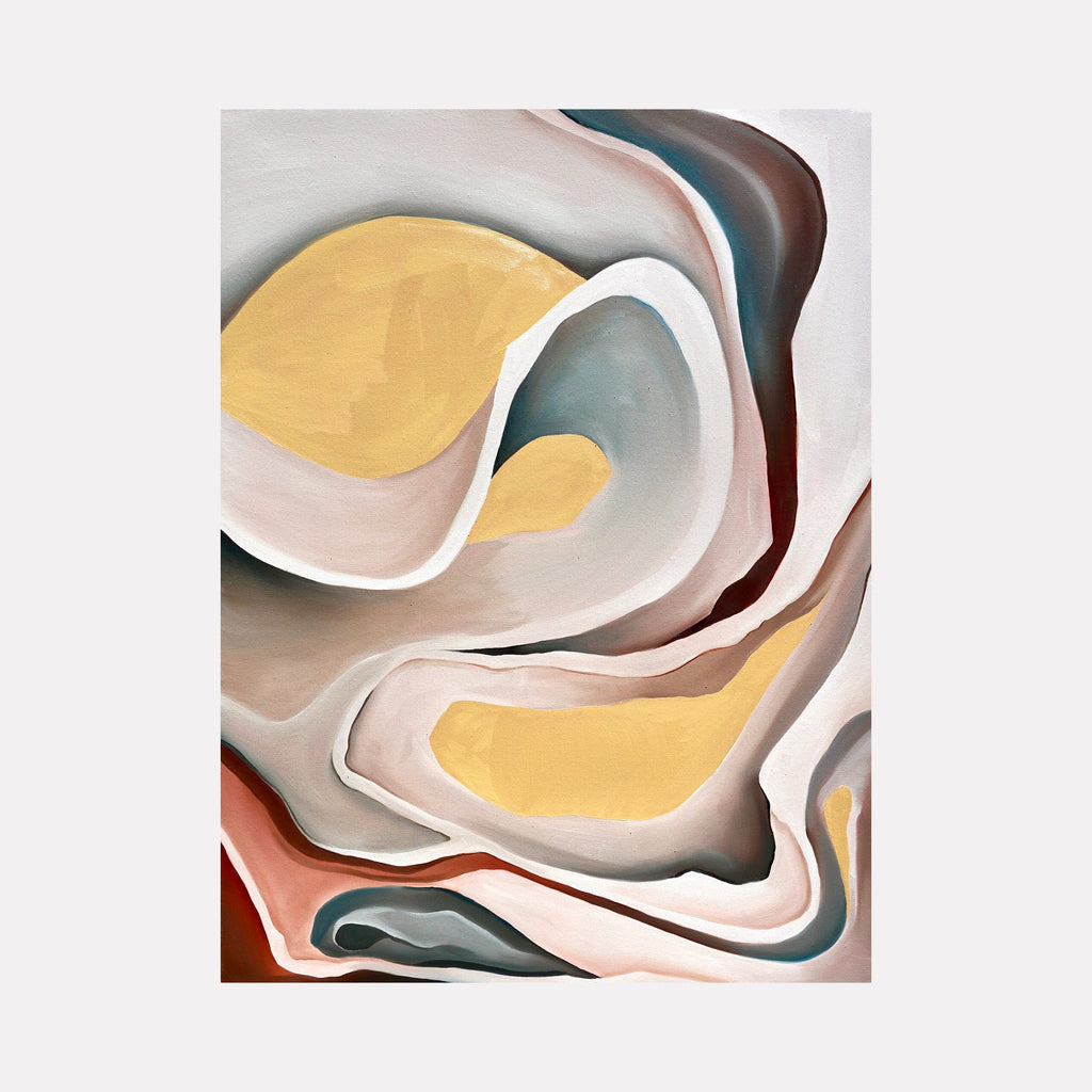 The artwork 'Clay Pelvis' features fluid, organic curves and waves in a harmonious blend of muted tones. Abstract flowing forms in soft gray, golden yellow, and dusty rose create a dynamic composition reminiscent of natural formations. The oil painting showcases smooth transitions between colors and swooping linear elements on canvas - by Meam Hartshorn.