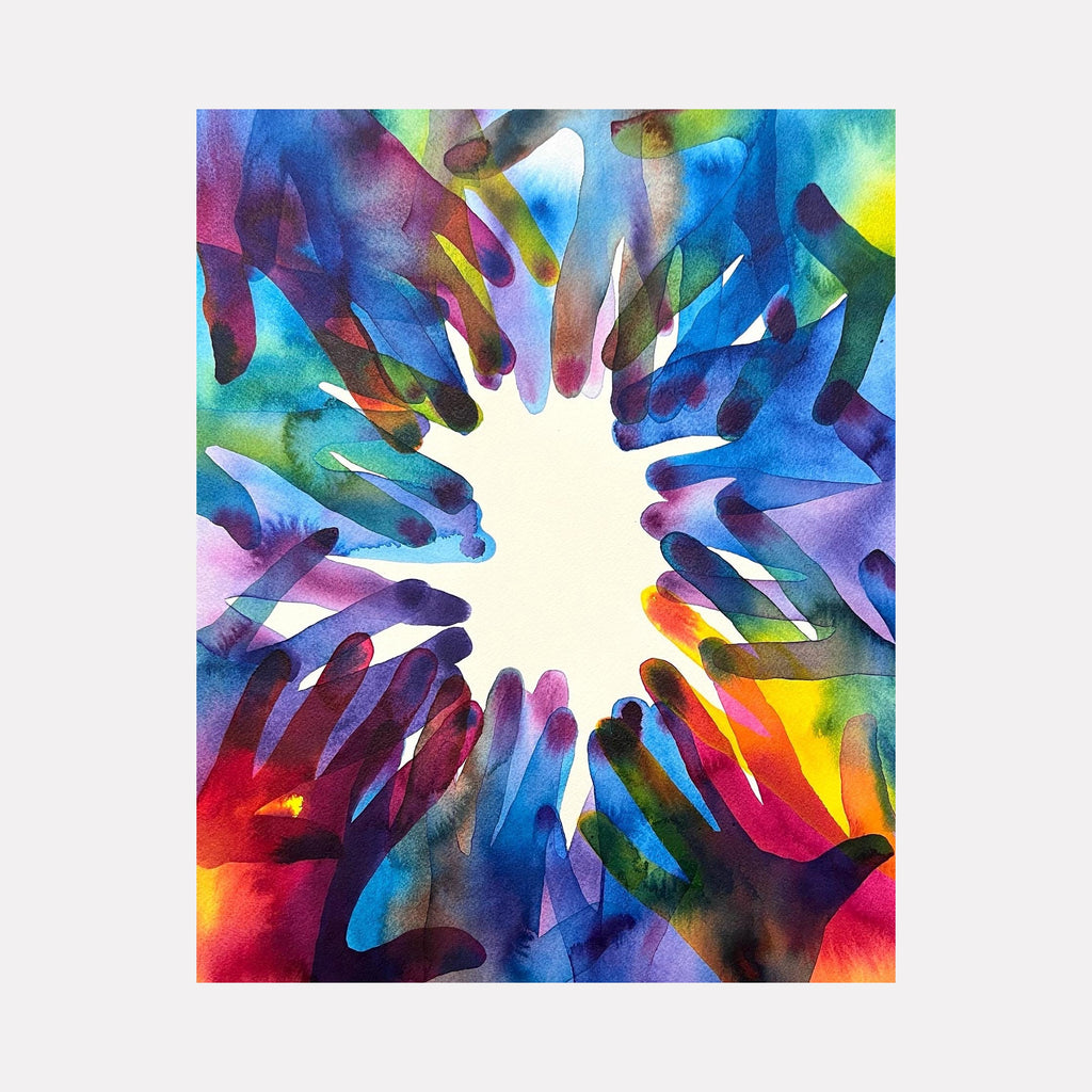 The artwork 'Coalition 2' by Monica Carrier features a vibrant circular composition of watercolor-like shapes radiating outward from a central white void. Abstract forms in rich blues, purples, reds, and yellows create a kaleidoscopic effect, with translucent layers blending into a dynamic rainbow spectrum. The archival ink on paper creates fluid, organic movements resembling gathered silhouettes.