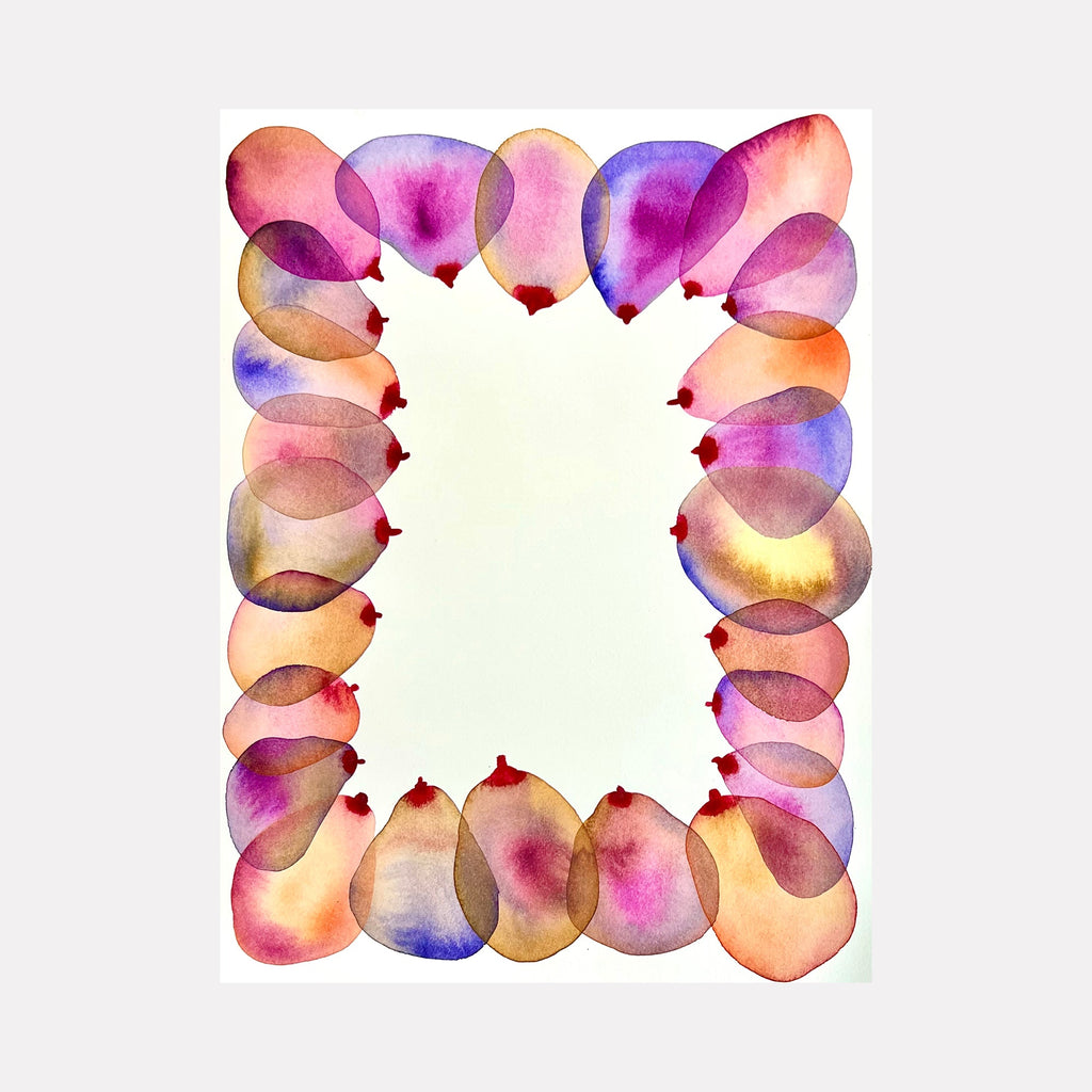 The artwork 'Coalition 3' by Monica Carrier features a delicate border of overlapping watercolor shapes in pink, purple, and golden hues. The translucent organic forms create a frame-like pattern around a central white space, showcasing the fluidity of archival ink on paper with ethereal color blending and luminous gradient effects. 10x14 inches watercolor print by Monica Carrier.