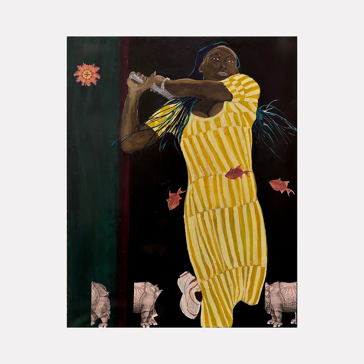 The artwork 'Coco Gauff' by Owen Brown features a dynamic figure in a vibrant yellow striped dress swinging against a dark background. Acrylic and colored prints on canvas depict energetic movement with teal accents, coral floral elements, and decorative white motifs along the bottom. The 48x36 inch composition captures athletic grace through bold contrasting colors and fluid brushstrokes.