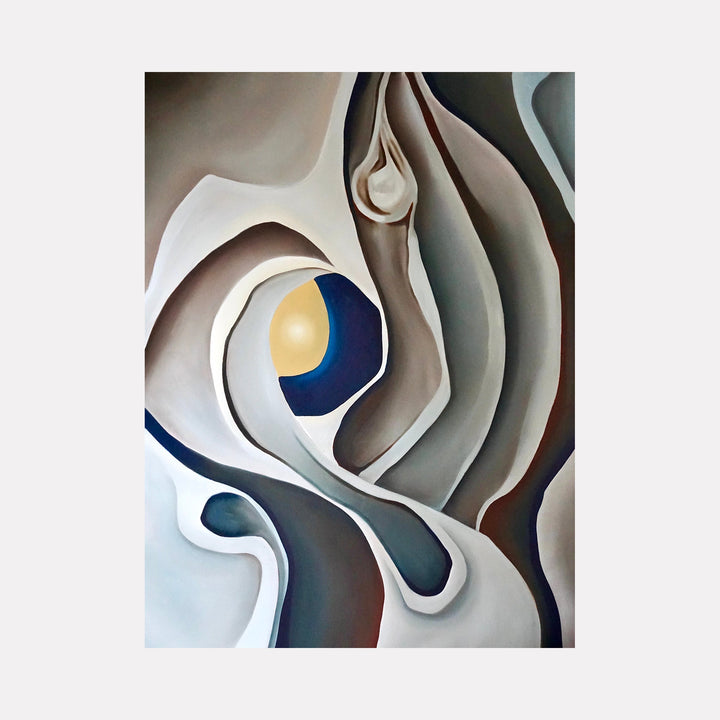 The artwork 'Cocoon' by Meam Hartshorn features flowing abstract curves in muted grays and whites, with a striking golden orb against deep blue, creating a sense of organic movement. The curved forms spiral and fold into each other, reminiscent of natural cocoon structures, rendered in oil on canvas with smooth, gradient transitions between shapes.