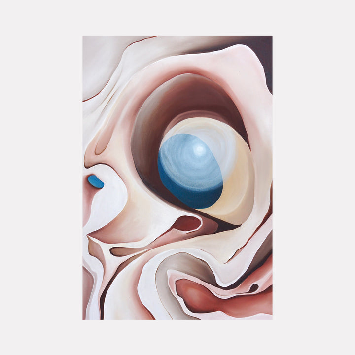 The artwork 'Collarbone Release' features flowing organic curves in soft blush pink and white tones, centered by a striking blue spherical form. Abstract swirling lines create depth and movement, reminiscent of anatomical forms rendered in a modern, fluid style. Oil painting on canvas showcases smooth transitions and rich textural elements. By Meam Hartshorn.