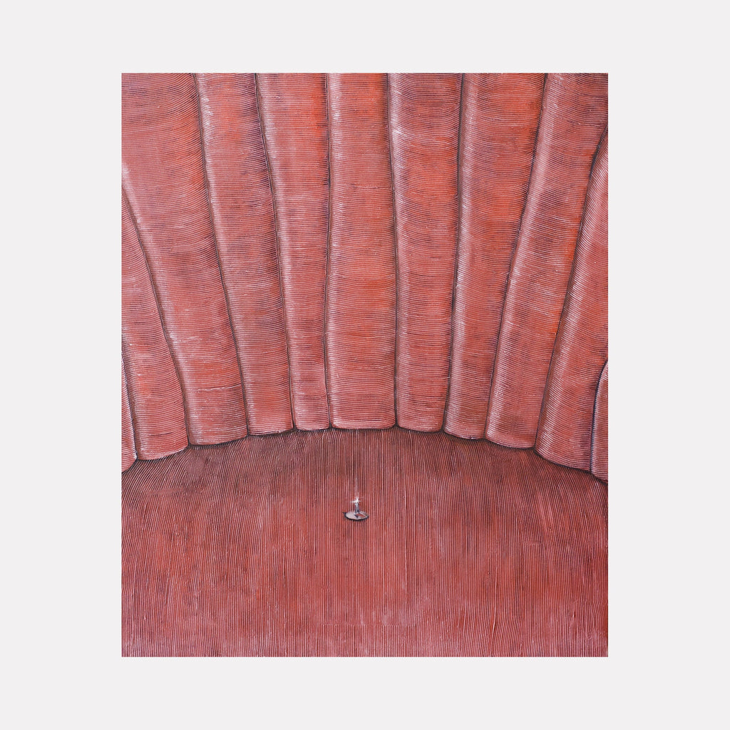 The artwork 'Comfort Zone' by Anastasia Korsakova features a textured oil painting depicting vertical curved lines in dusty rose pink tones, resembling velvet upholstery or cushioned panels. A single metallic detail sits centered at the bottom, creating a subtle focal point against the plush, textural background. The composition suggests a close-up view of vintage furniture or architectural detail.