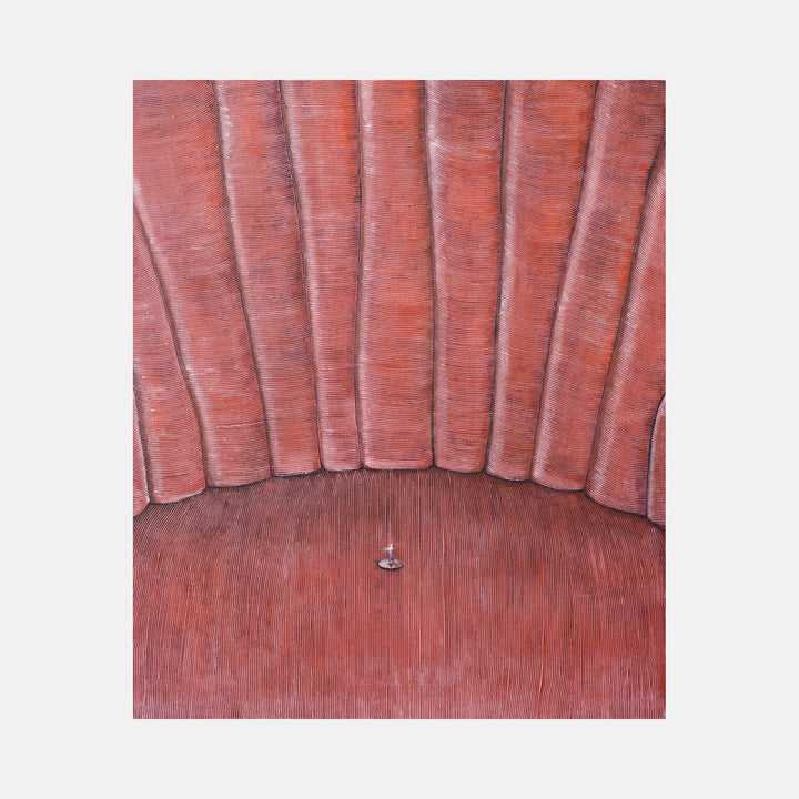 The artwork 'Comfort Zone' by Anastasia Korsakova features a textured oil painting depicting vertical curved lines in dusty rose pink tones, resembling velvet upholstery or cushioned panels. A single metallic detail sits centered at the bottom, creating a subtle focal point against the plush, textural background. The composition suggests a close-up view of vintage furniture or architectural detail.