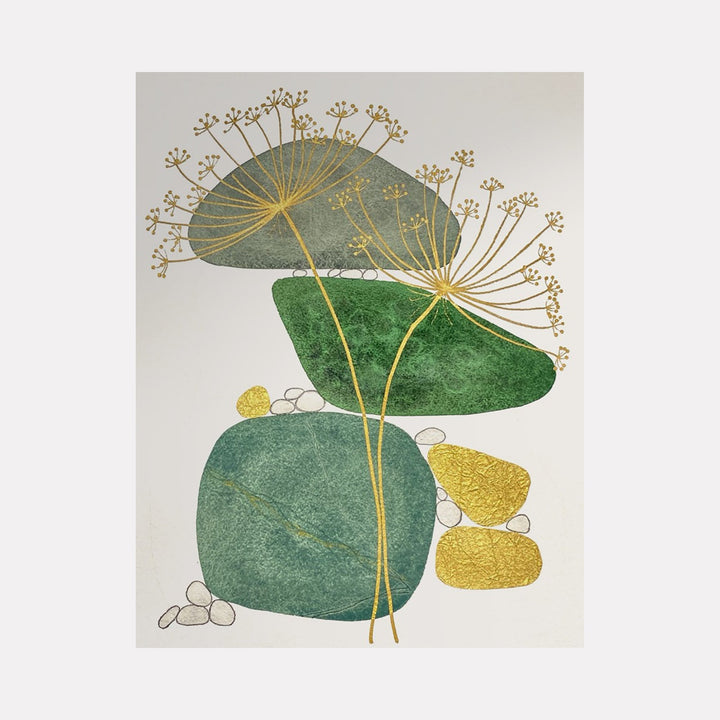 The artwork 'Coming to Fruition' by Jocelyn Benford features delicate dandelion-like stems sprouting from abstract green organic shapes, complemented by golden accent elements. The watercolor painting combines textured emerald forms with ethereal botanical details, creating a minimalist nature-inspired composition on white paper.