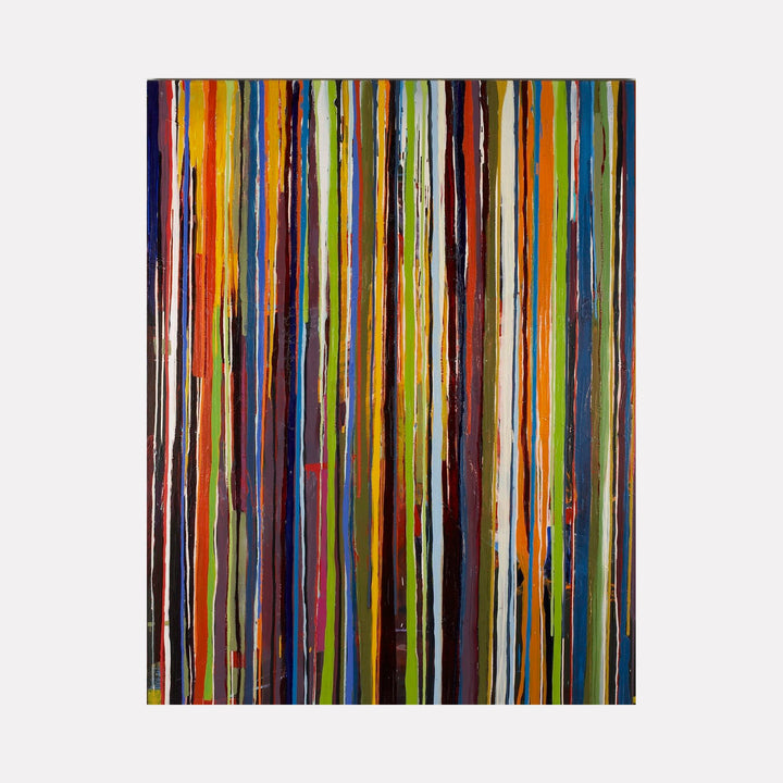 The artwork 'Consistent' by Lisa Ingram features vibrant vertical drip lines in oil paint, creating a rhythmic pattern of multicolored stripes. Bold yellows, blues, oranges, and greens flow downward in parallel streams, showcasing a contemporary abstract style. The textured surface demonstrates the fluid nature of the medium on a 60x48 inch canvas. By Lisa Ingram.