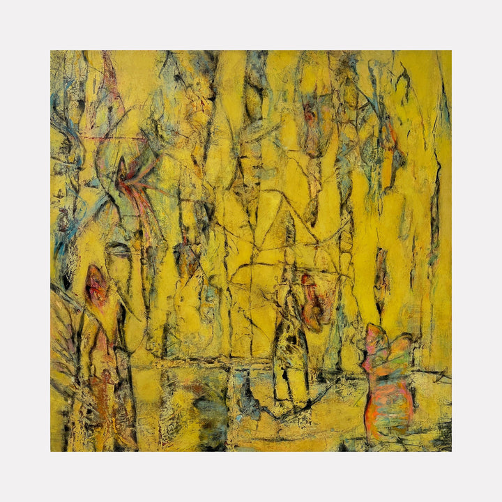 The artwork 'Conversations' by Cynthia Sumner features abstract mixed media composition with vibrant yellow background intersected by vertical linear elements in deep greens and reds. Textural scratches and organic forms create a dynamic interplay of layers, suggesting natural forms against a luminous backdrop. 36x36 inches mixed media artwork by Cynthia Sumner.