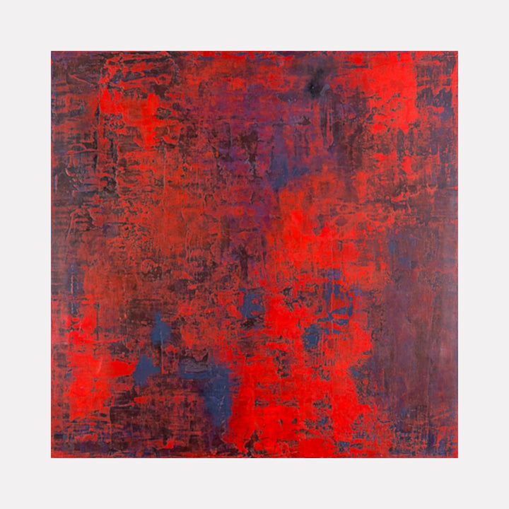 The artwork 'Crimson Aura' by Nicole Hitchcock features a vibrant abstract composition with intense red tones blending into deep purples and blues. The textured acrylic surface creates a weathered, distressed effect with dynamic brushwork and layered colors, measuring 48x48 inches. The painting evokes a sense of depth through its rich color interplay.