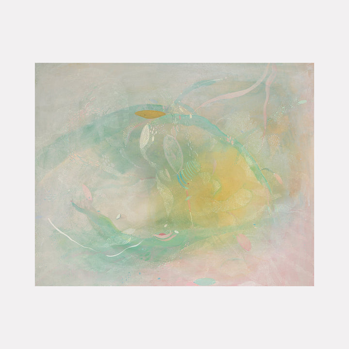 The artwork 'Dream 01' by Amy Decker features ethereal swirls of mint green and soft yellow tones, creating a dreamlike abstract composition. Delicate brushstrokes and translucent layers blend seamlessly on mulberry paper, with subtle pink undertones and white gestural marks adding depth and movement. Mixed media techniques create textural variations, 24x30 inches.