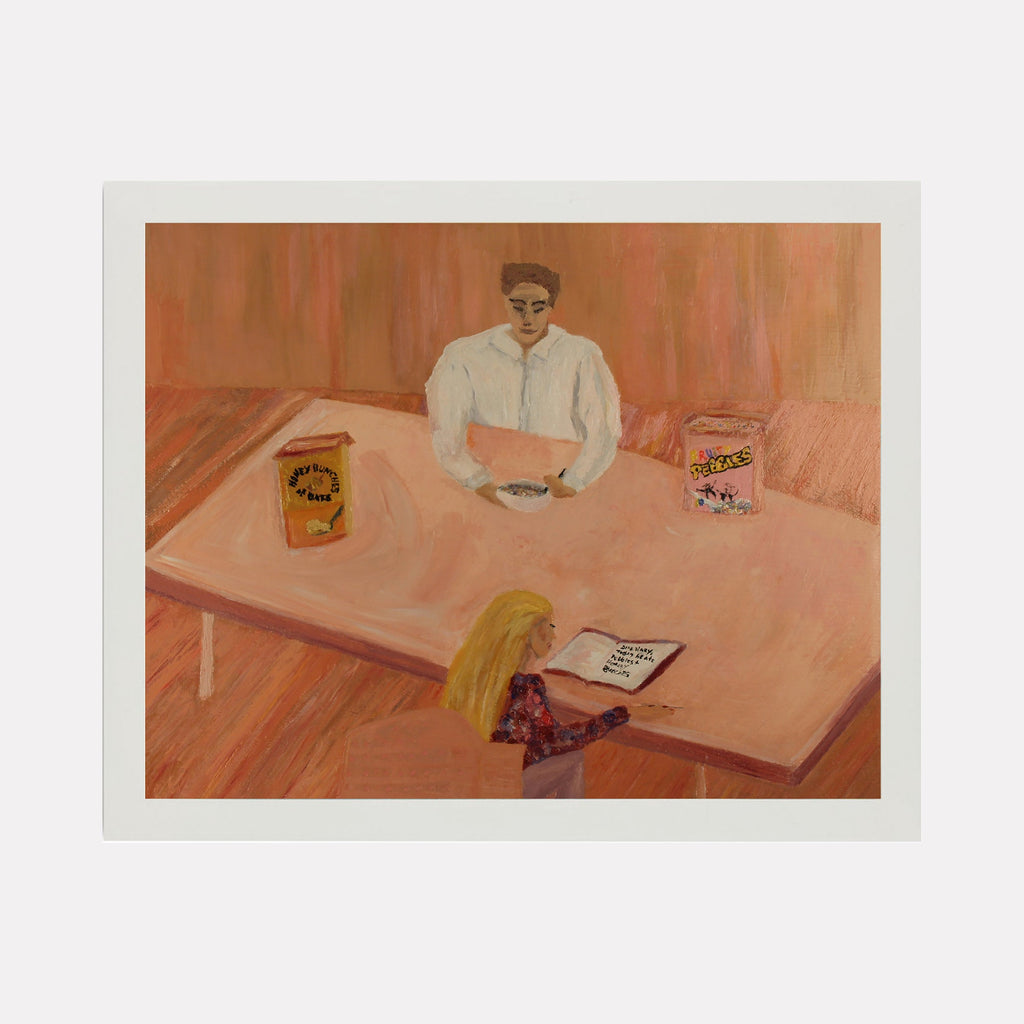 The artwork 'Dear Diary' depicts a kitchen scene with a pink table where two figures gather, accompanied by cereal boxes. The oil painting features warm coral tones, soft brushstrokes, and a minimalist composition on canvas, capturing an intimate domestic moment. Created by Ali Ha.