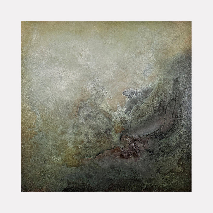 The artwork 'Departing Dream' by Abbey Stace features ethereal swirls of misty grays and earthy browns blending into a moody abstract landscape. Textured plaster and sand create depth while oil and acrylic paints merge in cloudy formations, suggesting a dreamlike atmosphere dissolving into darkness. The 24x24 inch piece evokes a sense of mysterious departure.