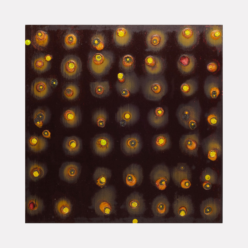 The artwork 'Dialog#1' by Lisa Ingram features a mesmerizing pattern of glowing orbs against a dark brown background. Each orb radiates warm yellow, orange, and occasional red hues, creating a luminous effect reminiscent of floating lanterns. The oil painting technique creates subtle halos around each light point, arranged in an organized grid pattern throughout the 12x12 inch canvas. By Lisa Ingram.