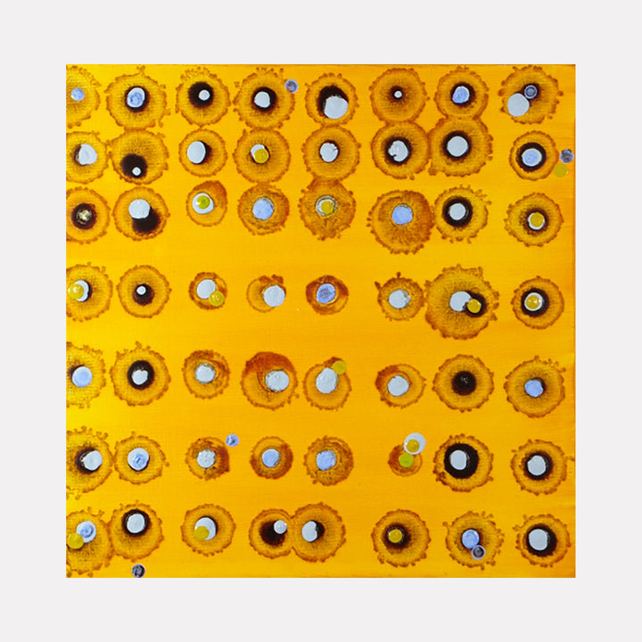 The artwork 'Dialog#2' by Lisa Ingram features a vibrant yellow background with a systematic grid of circular patterns. Each circle contains contrasting black, white, and light blue dots, creating a rhythmic abstract composition. The oil painting technique creates textural variations and subtle color gradients, with some circles appearing raised or recessed, adding depth to the 12x12 inch canvas.