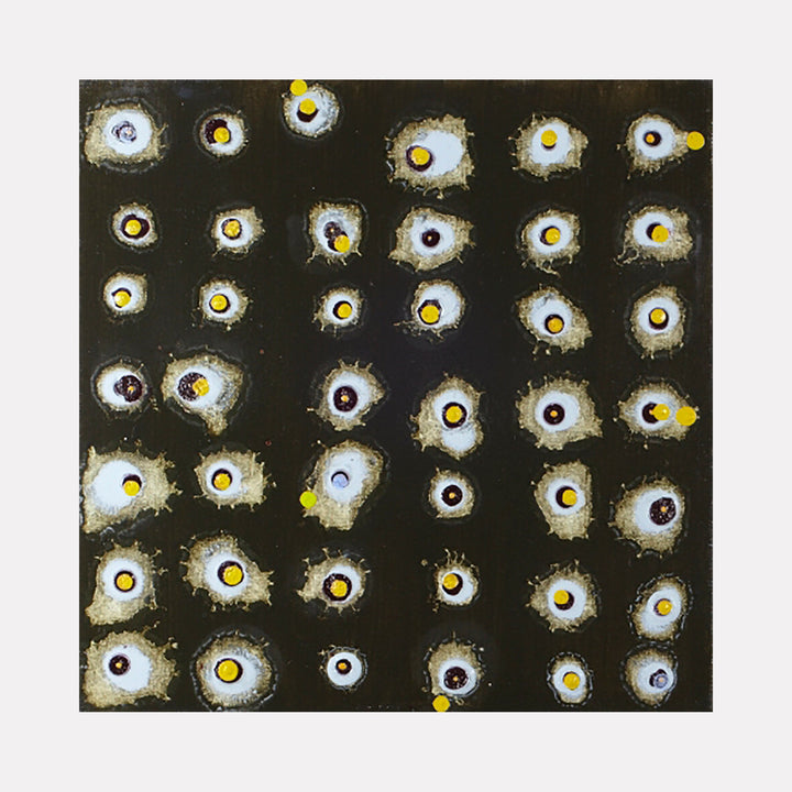 The artwork 'Dialog#3' by Lisa Ingram features a grid pattern of circular forms resembling celestial bodies against a black background. Each circle has a luminous yellow center surrounded by white halos, creating an ethereal, cosmic effect. The oil painting's textured surface adds depth and dimension to the 12x12 inch contemporary abstract composition.