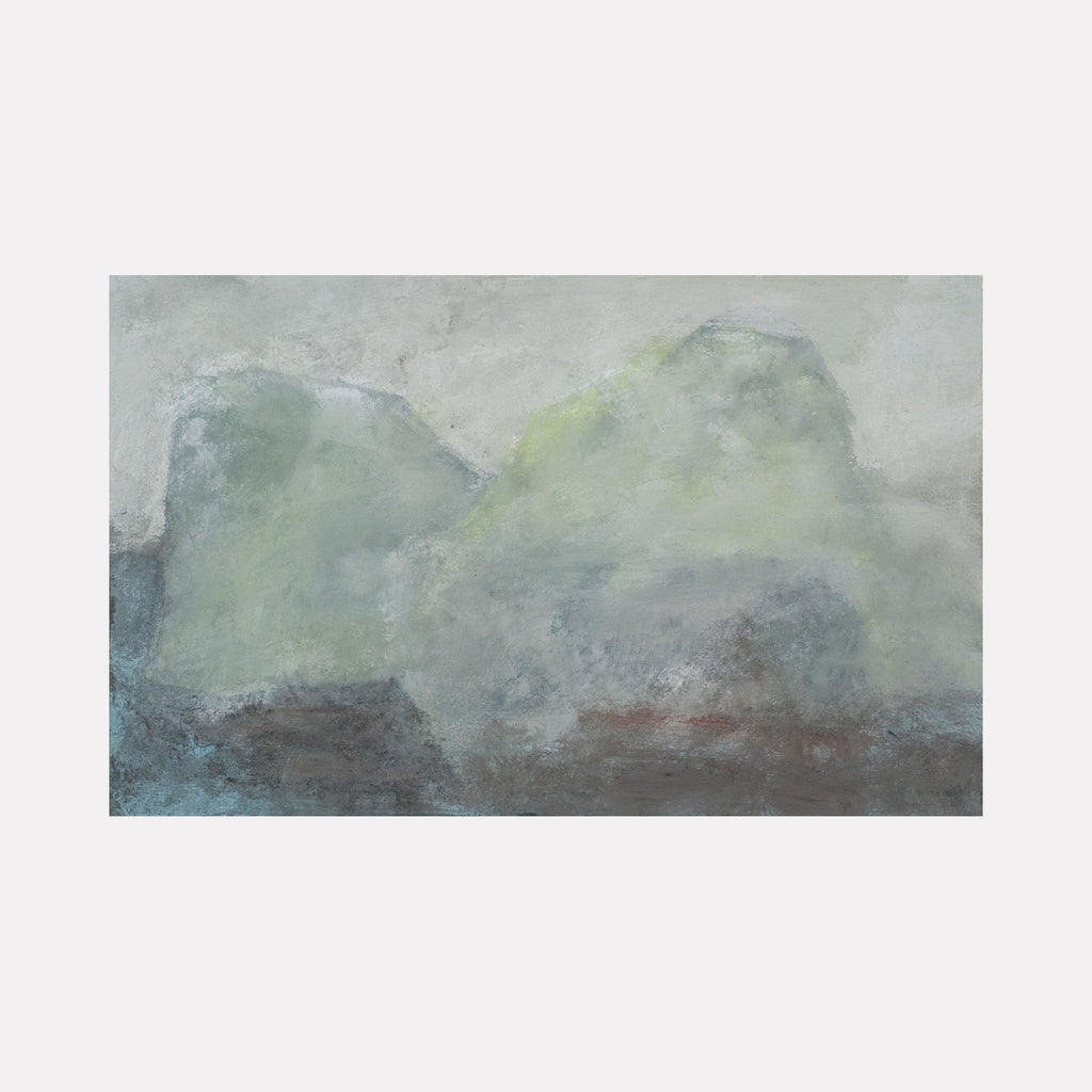 The artwork 'Double Mist' by Marianne Barcellona features ethereal mountain-like forms emerging through layers of misty greens and grays. Painted in gouache on paper, the composition creates a dreamy atmospheric landscape where soft, billowing shapes blend with earthy brown tones at the base, capturing the essence of fog-shrouded peaks. By Marianne Barcellona.