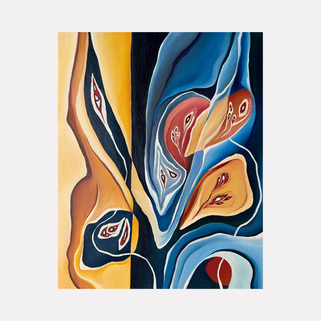 The artwork 'Dusk Passage' by Meam Hartshorn features abstract organic shapes flowing in curved patterns, rendered in bold contrasting colors of deep blues, warm golds, and terracotta. The composition suggests fluid movement with intertwining forms decorated with delicate eye-like motifs, painted in oil on panel with smooth textures and clean lines.