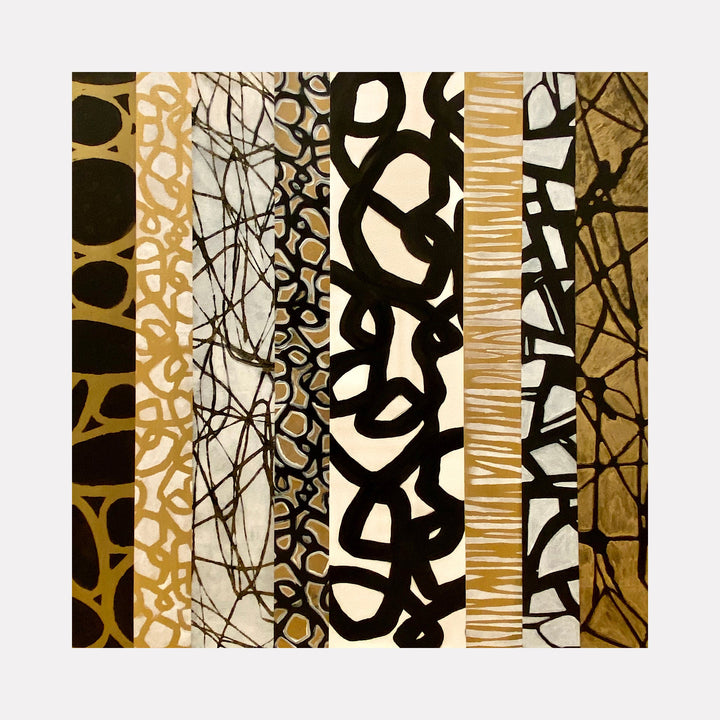 The artwork 'Equinimity' by Nicole Hitchcock features vertical bands of abstract patterns in black, white, and gold. Each stripe showcases distinct organic motifs including fluid calligraphic marks, geometric shapes, and intricate linear designs. The collage is finished with resin, creating a glossy, multi-layered effect across the 24x24 inch composition.