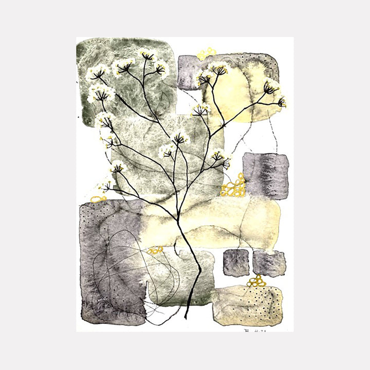 The artwork 'Emerging' by Jocelyn Benford features delicate botanical silhouettes against a soft abstract background of watercolor blocks in sage green, pale yellow, and charcoal gray. Loose floral stems with seed heads create an organic composition, enhanced by subtle gold accents and mixed media textures on paper.