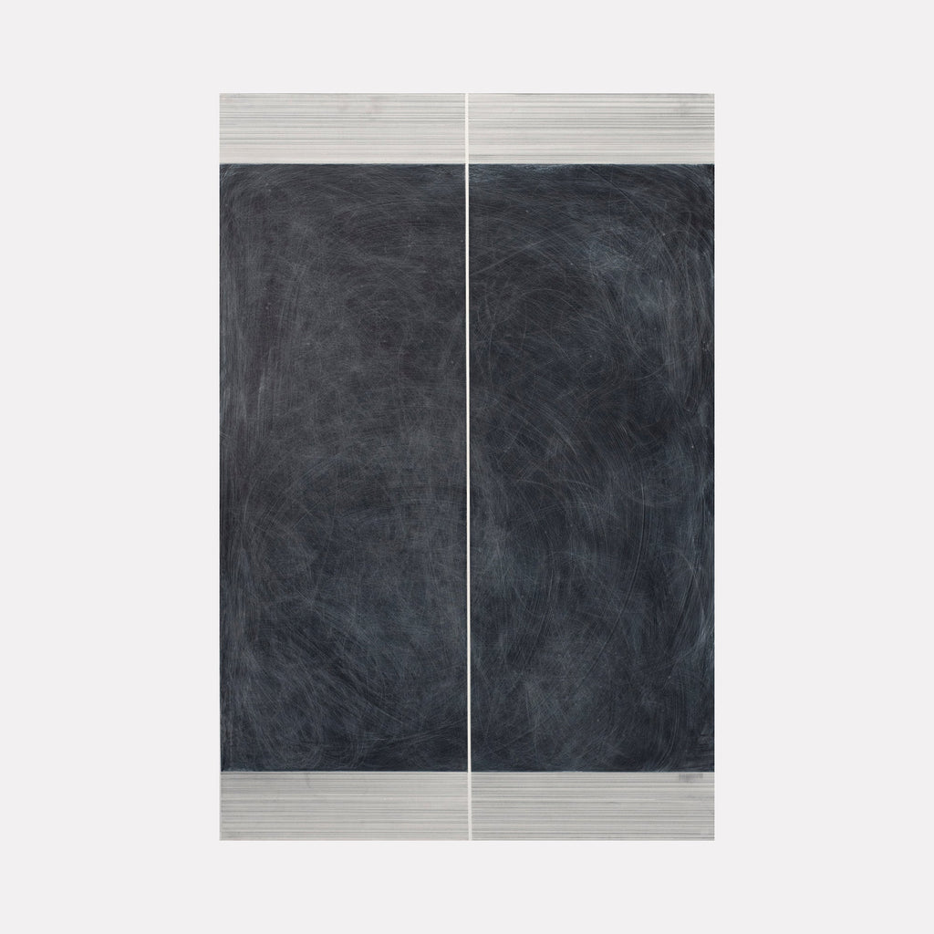 The artwork 'Erasure 34' by Erika Mahr features two vertical panels of deep charcoal gray with dynamic, sweeping textures created through layered charcoal and paint. Light gray horizontal bands frame the top and bottom, while a subtle vertical line bisects the composition, creating a minimalist, contemplative aesthetic on dura-lar panel.