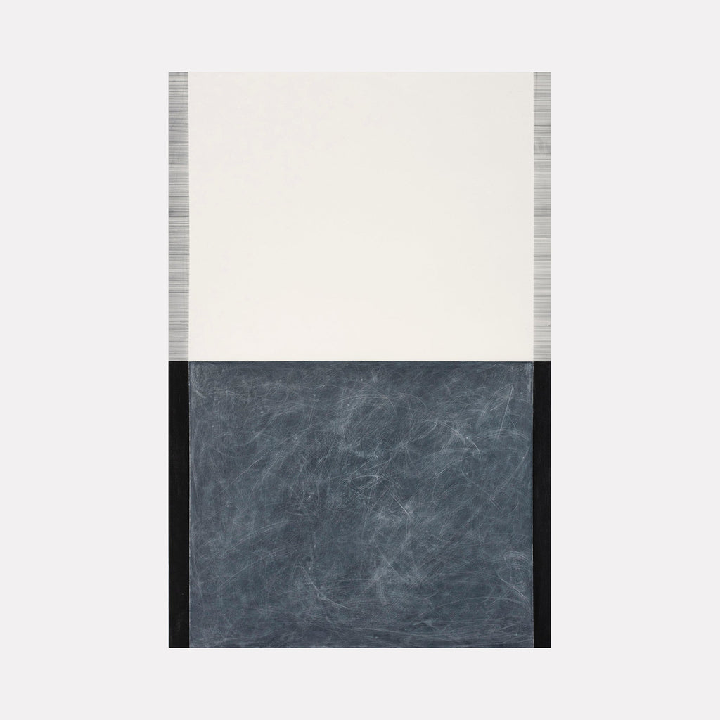 The artwork 'Erasure 35' by Erika Mahr features a minimalist composition divided horizontally into two distinct sections: a pristine white upper half and a textured slate-gray lower half with scratched, chalky markings. The charcoal and paint create a subtle interplay of matte and raw textures on the dura-lar panel surface.