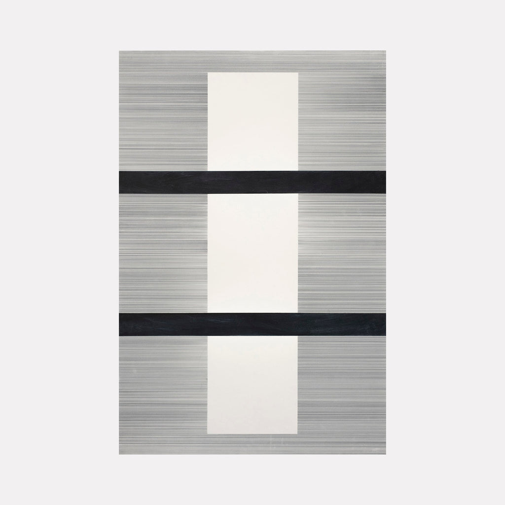 The artwork 'Erasure 36' by Erika Mahr features three vertical white rectangles separated by bold black horizontal bands against a finely textured gray background. The minimalist composition creates a striking geometric pattern using charcoal, paint, and graphite on dura-lar panel, measuring 36x24 inches.