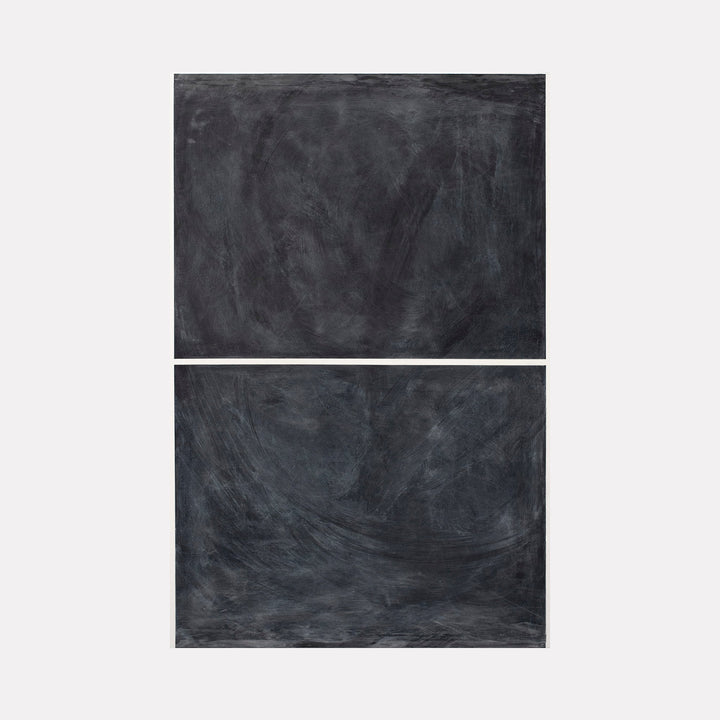 The artwork 'Erasure 37' by Erika Mahr features two stacked rectangular panels in deep charcoal tones, created with mixed media including charcoal, paint, and graphite on dura-lar. The abstract composition showcases sweeping gestural marks and layered textures, creating a moody atmospheric effect in varying shades of black and gray.