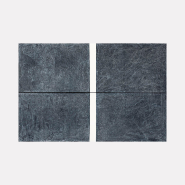 The artwork 'Erasure 39' by Erika Mahr features a minimalist composition divided into four equal sections by thin black lines, rendered in smoky greys and charcoal tones. The textured surface shows subtle variations in mark-making and erasure techniques, creating a moody, atmospheric effect through layered charcoal, paint, and graphite on dura-lar panel.