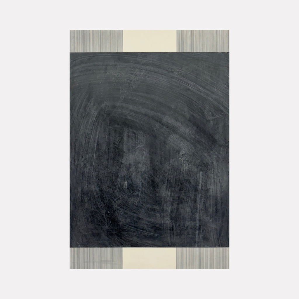 The artwork 'Erasure 44' by Erika Mahr features a dramatic charcoal-grey central composition with sweeping gestural marks, bordered by vertical striped bands in cream and grey. The abstract piece showcases dynamic brushwork and layered textures created through mixed media technique, combining charcoal, paint, and graphite on dura-lar panel.