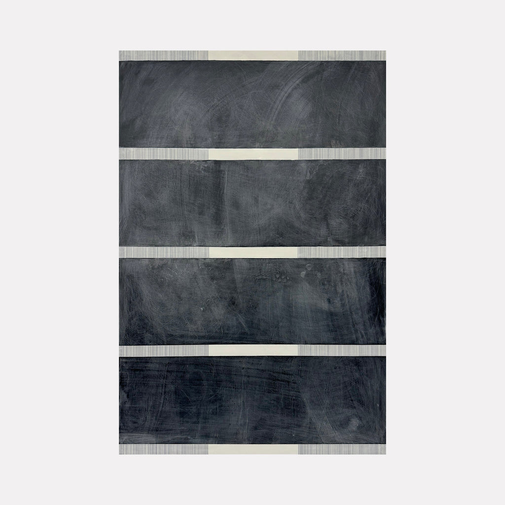 The artwork 'Erasure 45' by Erika Mahr features four horizontal dark charcoal panels separated by thin white bands, creating a minimalist composition with textural depth. The surface shows subtle variations in graphite marks and paint strokes on dura-lar, mounted on panel, expressing a monochromatic geometric abstraction. By Erika Mahr.