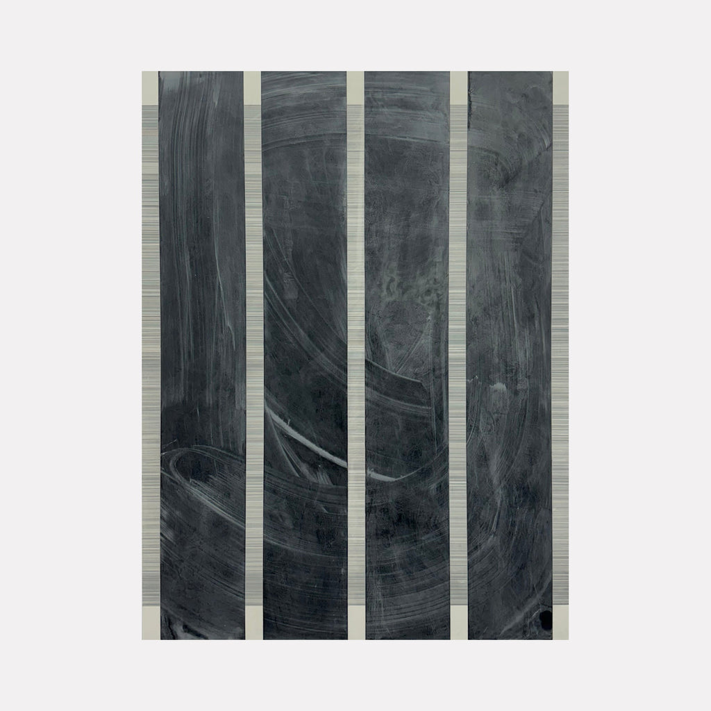 The artwork 'Erasure 46' by Erika Mahr features four vertical panels with deep charcoal-gray textured strokes on a light background. Dynamic sweeping marks and subtle variations in tone create a minimalist abstract composition, showcasing the interplay of charcoal, paint, and graphite on dura-lar panel.