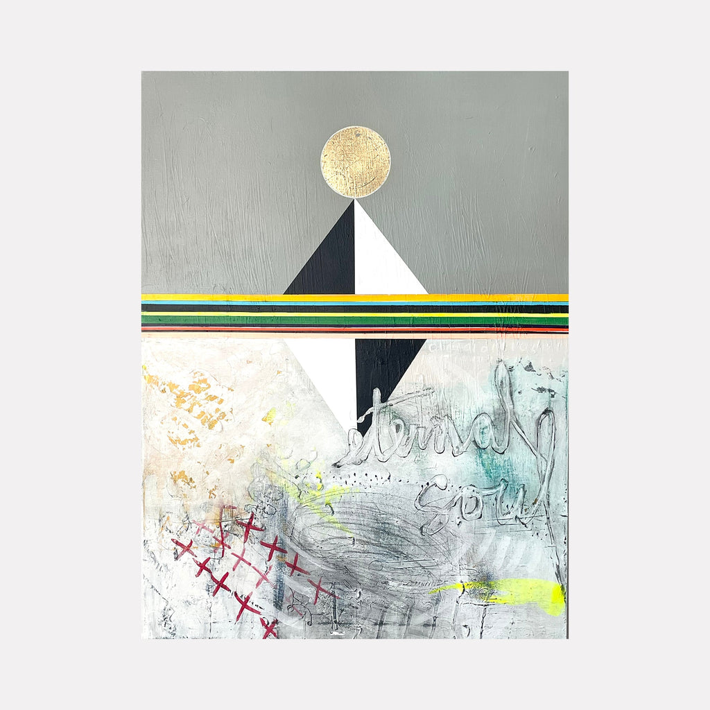 The artwork 'Eternal Soul' by Jodi Fuchs features a minimalist geometric composition with a gold leaf circle atop a black and white triangular mountain form. Horizontal striped bands in yellow, green, and black divide the canvas, while the lower portion displays abstract gestural marks, cross-hatching patterns, and ethereal text in muted greys and subtle neon accents.