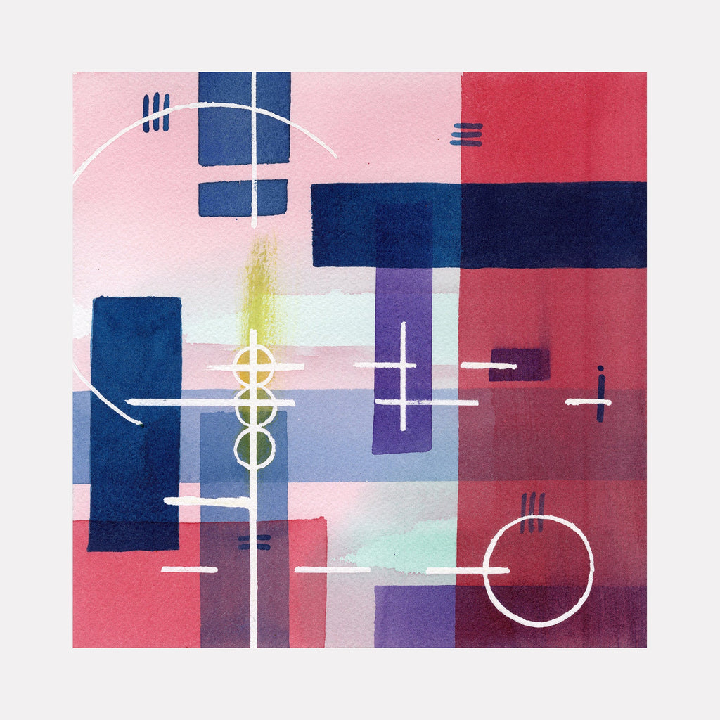 The artwork 'Expanding Knowledge' by Arthur Norcome features an abstract geometric composition with intersecting white lines and shapes against a vibrant color palette of pink, navy blue, and burgundy blocks. The watercolor painting incorporates soft gradients, circular motifs, and linear elements creating a modern, minimalist aesthetic at 8x8 inches.