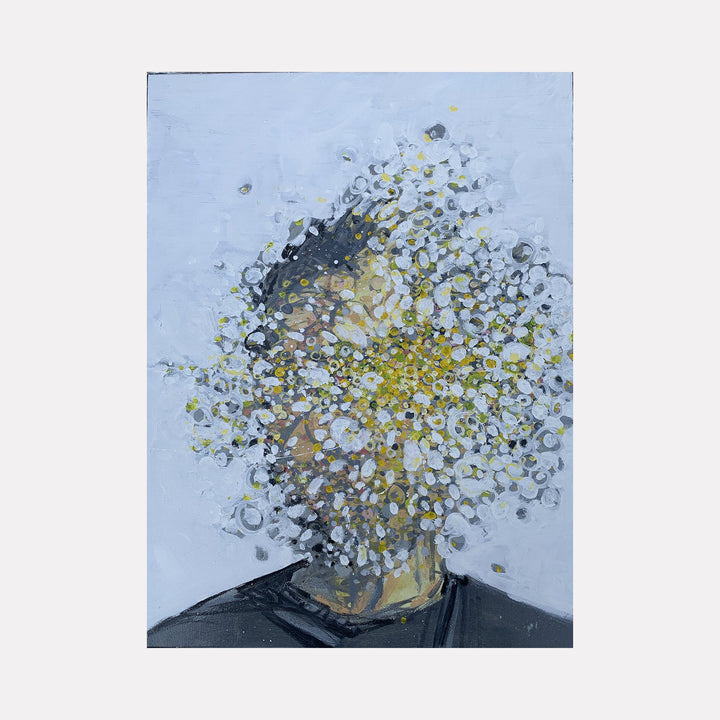 The artwork 'Explosive' by Matthew Cramer features an abstract portrait where scattered particles in yellow, gray, and black burst outward in a dynamic, fragmented pattern against a pale blue background. The oil painting creates a sense of motion and disintegration through textured brushstrokes and contrasting colors on canvas.