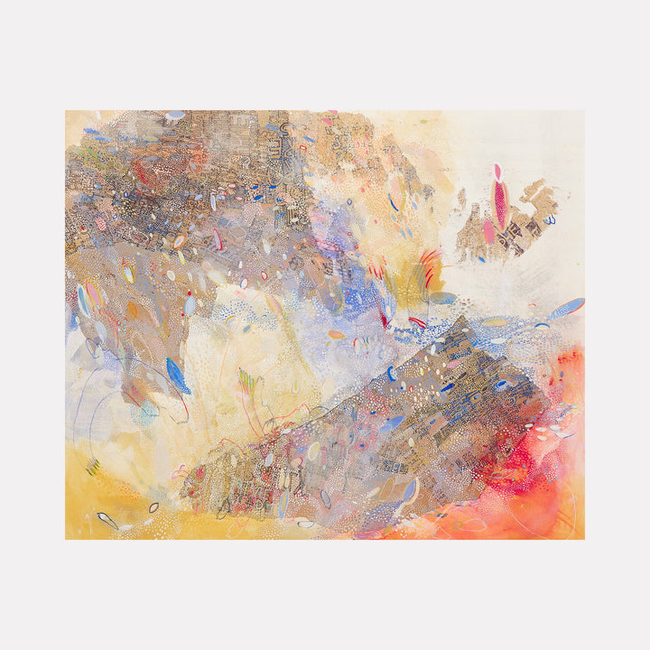 The artwork 'Flare Swarm' by Amy Decker features an abstract composition with dynamic brushstrokes in soft cream, coral, and blue tones. Textural elements create movement across the canvas, with delicate flecks of pink and navy scattered throughout. The mixed media technique on paper creates ethereal layered effects, suggesting an atmospheric, dreamlike quality.