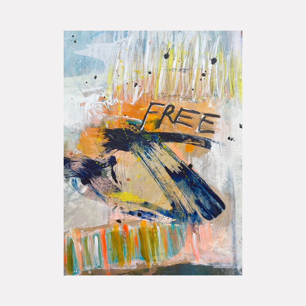 The artwork 'Free' by Jodi Fuchs features dynamic brushstrokes in vibrant orange, blue, and yellow tones with graffiti-style lettering. Bold abstract expressionist marks create movement across the canvas, with vertical drips and splashes in pastel hues. The word 'FREE' stands prominently against a multicolored background, painted in acrylic and ink.