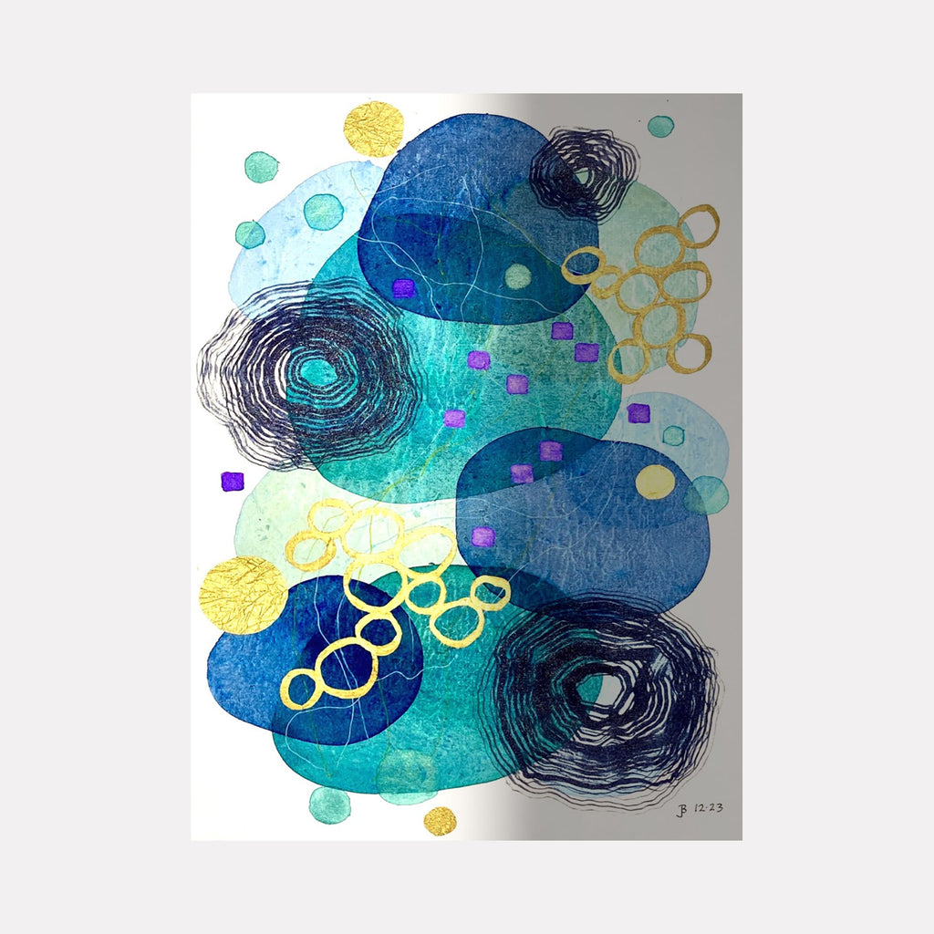 The artwork 'Festive Moments' features abstract circular shapes in deep blues and turquoise, accented with yellow orbs and purple squares. Spiral patterns in navy create depth while mint green bubbles float throughout the composition. A dynamic watercolor and mixed media piece showcasing fluid organic forms and geometric elements by Jocelyn Benford.