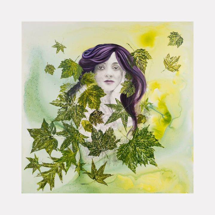 The artwork 'Flora' by Sandra Mack-Valencia features an ethereal composition with vibrant green maple leaves surrounding a figure with flowing purple hair against a dreamy yellow-green watercolor background. Created using acrylic, ink and transfer on wood panel, the piece combines botanical elements with delicate line work in a 30x30 inch format by Sandra Mack-Valencia.