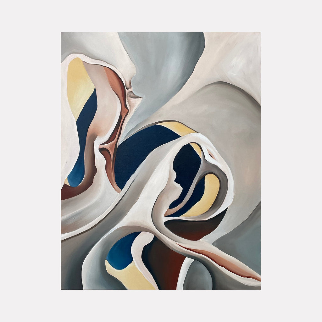 The artwork 'Fossil Artery' by Meam Hartshorn features flowing abstract curves in muted tones of navy blue, cream, and rusty brown. Smooth, undulating forms reminiscent of organic shapes create a sense of movement across the oil canvas, with graceful ribbons of light gray and white weaving throughout the composition in a dynamic abstract style.