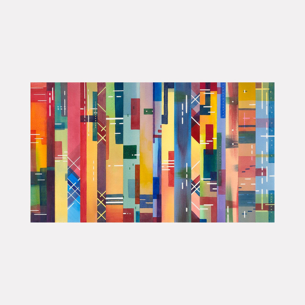 The artwork 'Fragmented Legacy' by Arthur Norcome features vibrant vertical stripes in watercolor, ranging from orange and yellow to blue and green, intersected by white geometric patterns and crosshatches. Abstract linear composition creates a rhythmic, modernist aesthetic with bold color blocks and delicate linear details across the 28x16 inch canvas.