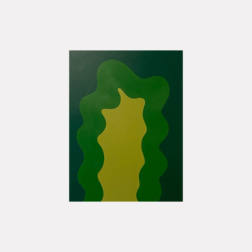 The artwork 'GREEN' by Shadia Sabagh features fluid organic shapes in varying shades of green, from deep forest to vibrant chartreuse. Abstract wavy forms create a harmonious vertical composition on acrylic canvas, suggesting natural movement and growth. The contrasting green tones merge seamlessly against a dark emerald background, creating depth and visual interest.