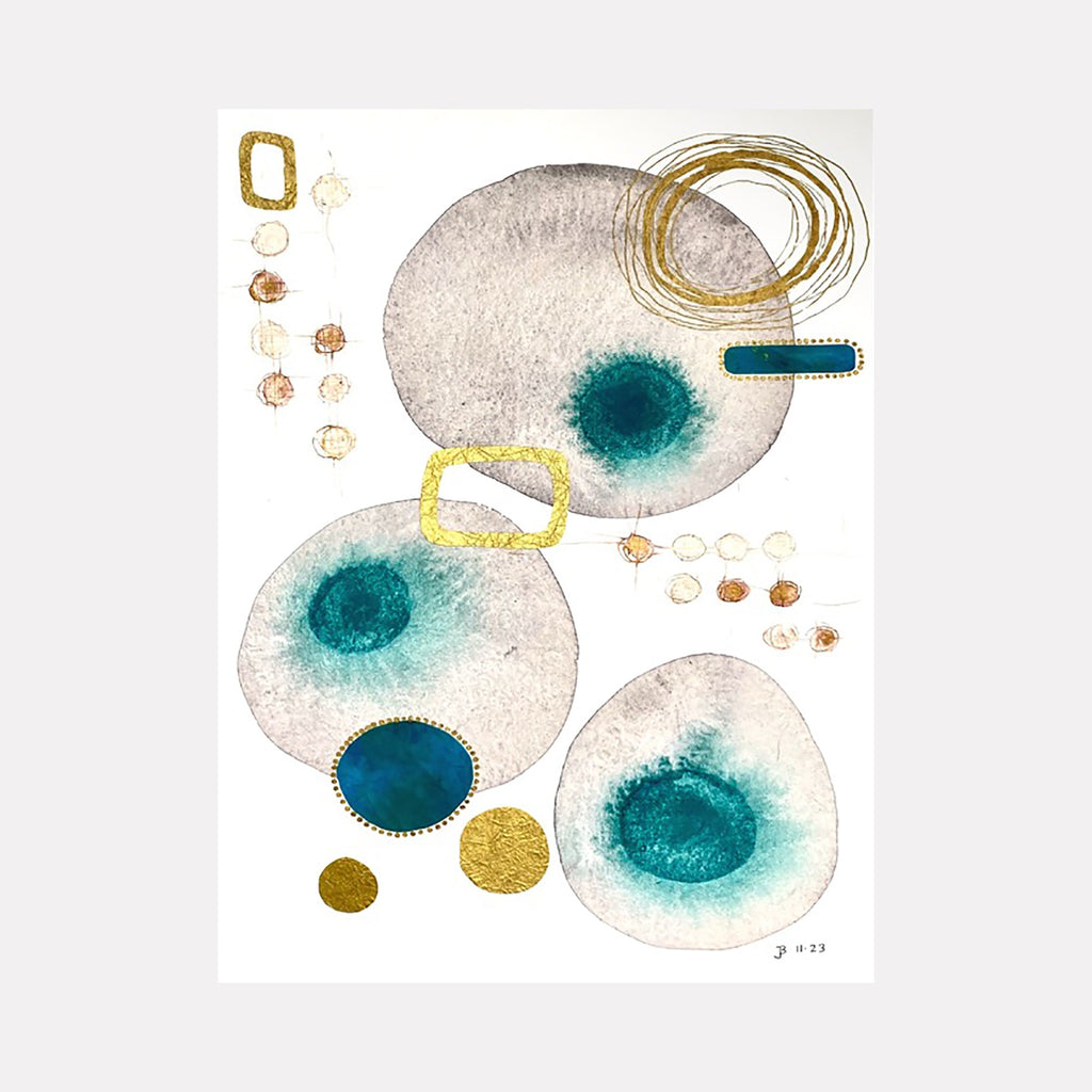 The artwork 'Germination' by Jocelyn Benford features organic circular forms in soft gray watercolor with vibrant teal centers, accented by metallic gold circles and delicate spiral details. Abstract floating shapes suggest cellular growth, enhanced by copper-toned dots scattered across white paper, creating a harmonious botanical study.