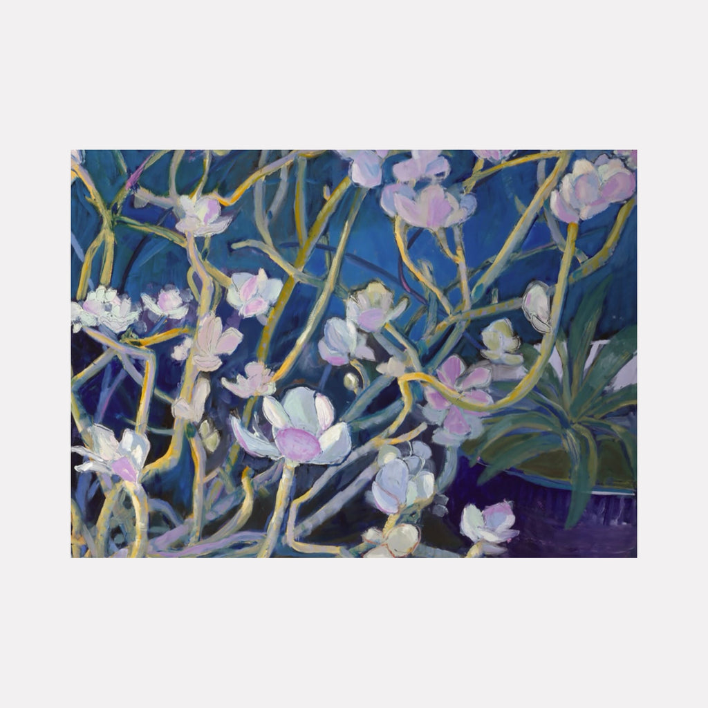 The artwork 'Ghost Jade' by Cristi Lyon features delicate white and lavender flowers with twisting yellow-green stems against a deep blue background. The oil painting on paper captures a dreamy, ethereal quality with interweaving botanical elements and subtle color transitions. The composition shows multiple blooms in various stages of flowering, creating depth and movement across the 22x30 inch surface.