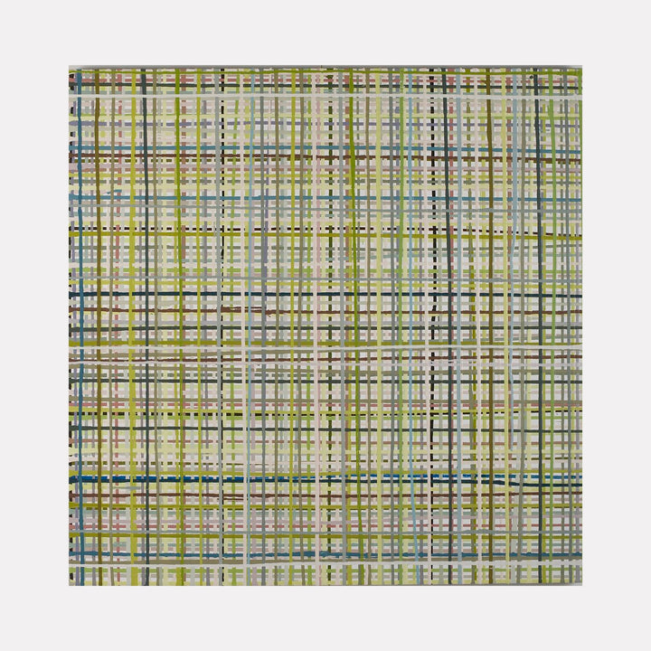 The artwork 'Girls' by Lisa Ingram features an abstract geometric pattern of intersecting lines creating a plaid-like grid. Painted in oil, the composition combines soft sage green, muted blue, and gray tones on a light background. The linear elements vary in thickness and transparency, producing a textured, woven appearance at 42x42 inches by Lisa Ingram.