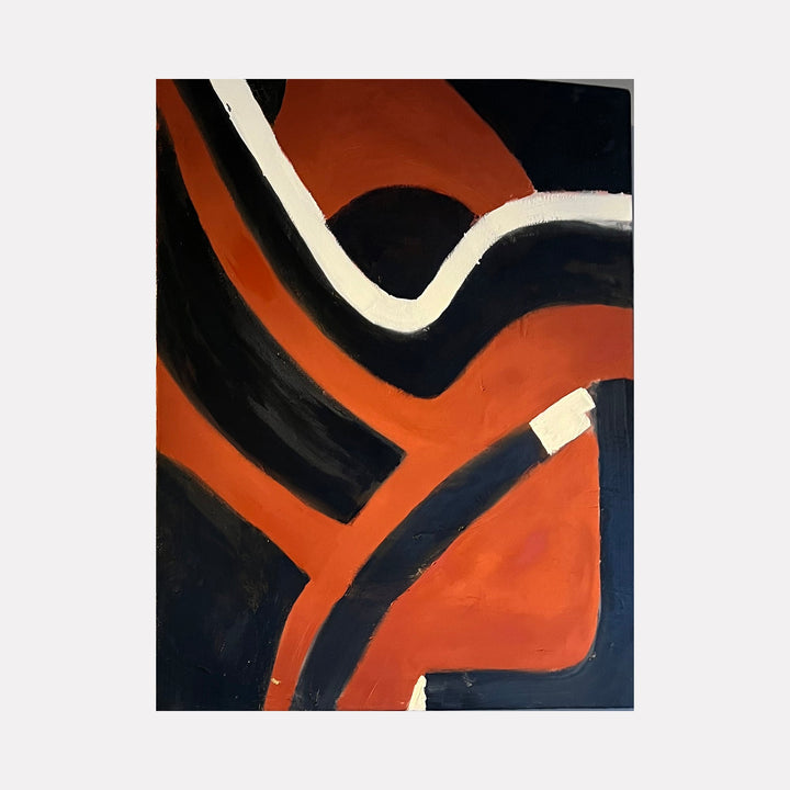 The artwork 'Grounding' by Genevieve Antonello features bold abstract geometric shapes in contrasting terracotta orange and deep black, with striking white curved lines cutting through the composition. The oil painting showcases a dynamic interplay of organic curves and angular forms, creating a powerful sense of movement and depth on canvas.