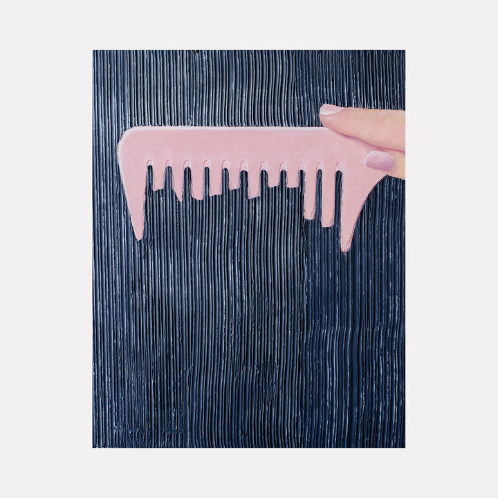 The artwork 'Hair' by Anastasia Korsakova features a pink comb melting against a deep navy blue background with vertical brushstrokes. The oil painting depicts a surrealist interpretation of a hair comb, with its teeth appearing to drip downward, creating a dreamlike effect. The textured background contrasts with the smooth, pastel pink of the comb. 24x30 inches oil on canvas by Anastasia Korsakova.