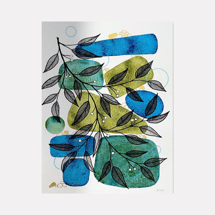 The artwork 'Harmonious' by Jocelyn Benford features abstract botanical forms in vibrant watercolor, combining bold turquoise and cerulean blue shapes with chartreuse green elements. Delicate black ink leaves create an organic pattern throughout the composition, enhanced by subtle dotted line details. The mixed media piece on paper measures 30x23 inches. By Jocelyn Benford.