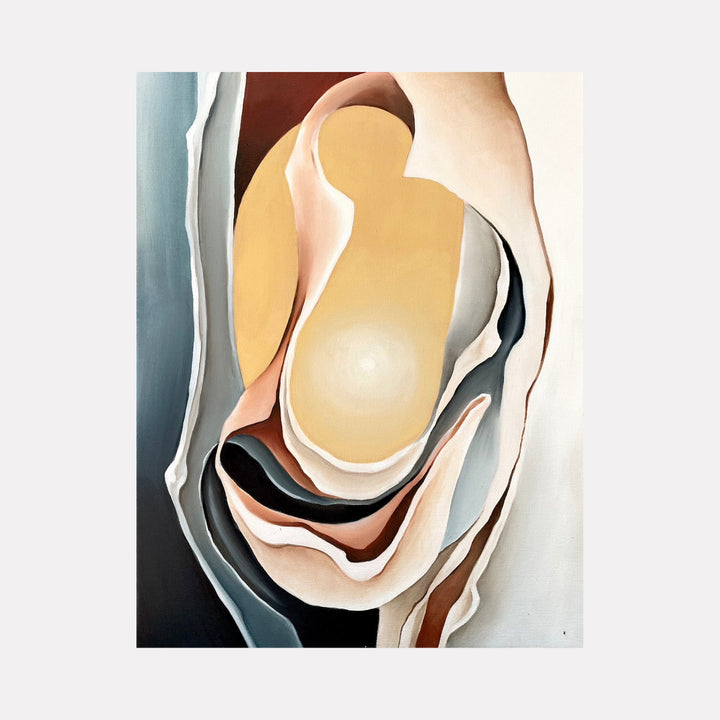 The artwork 'Heaven's Rib' by Meam Hartshorn features abstract fluid layers in soft pastels, with flowing curves reminiscent of organic forms. A central golden oval shape is embraced by undulating waves of gray, peach, and brown tones, creating a harmonious composition in oil on canvas that suggests natural movement and depth.