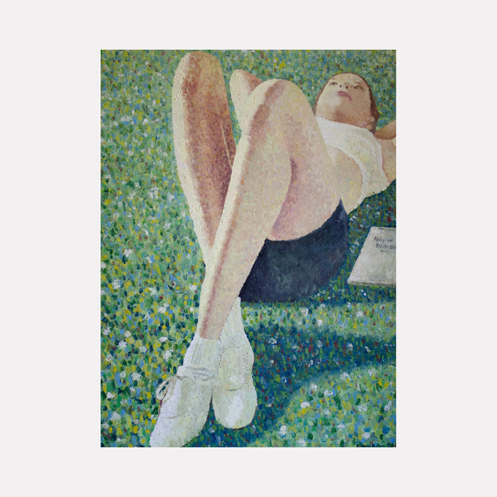 The artwork 'Hello,Sadness' by Anastasia Korsakova depicts a reclining figure on a vibrant pointillist-style background of green and blue dots. The composition features white ballet shoes, a dark garment, and a meadow-like setting rendered in impressionistic oil paint technique, measuring 36x48 inches. By Anastasia Korsakova.